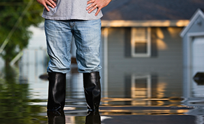 A man standing in flooded waters. 