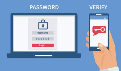 An illustration of a desktop computer and mobile phone with an icon of a lock and key on the screen. 