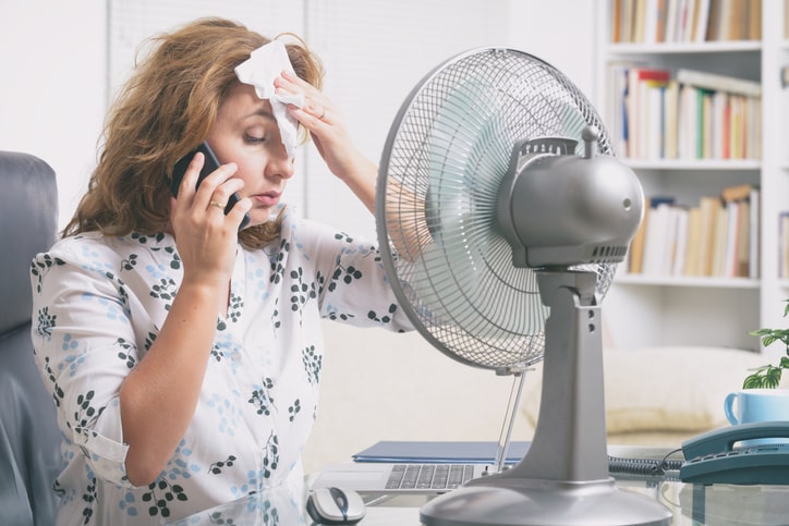 Woman sitting in front of an office fan while on the phone.