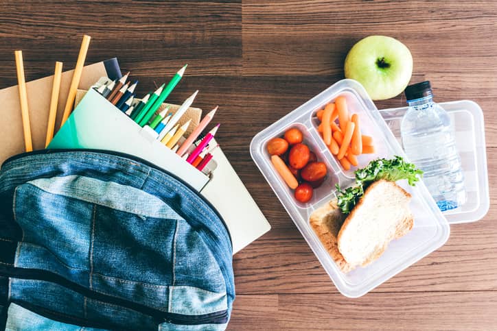 Overhead view of a opened backpack with school supplies as well as an opened lunch container with a half sandwich and veggies with a small water bottle.
